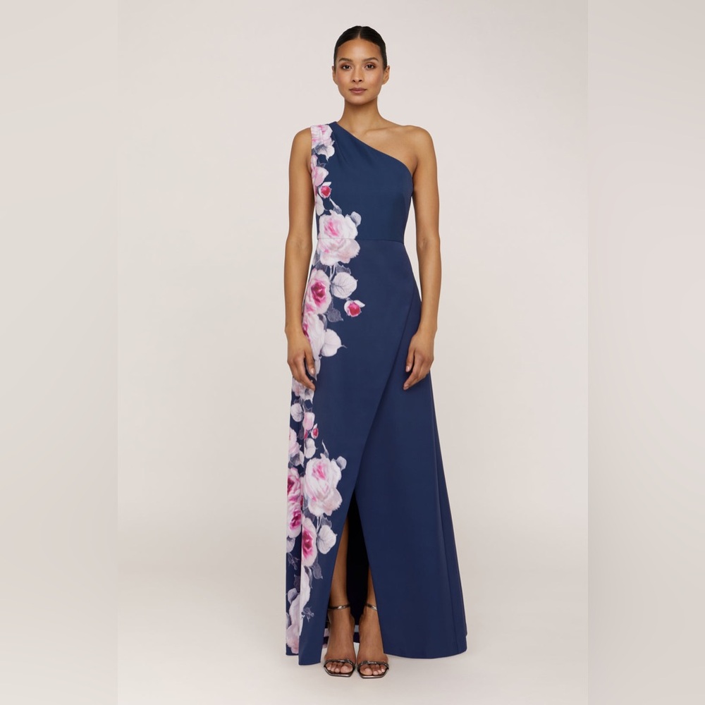 new Kay Unger Carissa floral one shoulder gown in deep navy blue and pink
